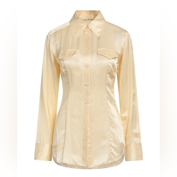 Acne Studios Satin Silk Button Down Collar Shirt Top Blouse Butter Straw Yellow - Picture 1 of 12